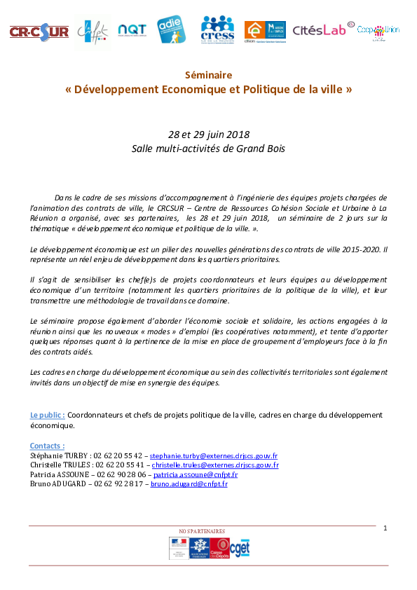 Compte rendu Séminaire  « Développement Economique et Politique de la ville » 28 et 29 juin 2018